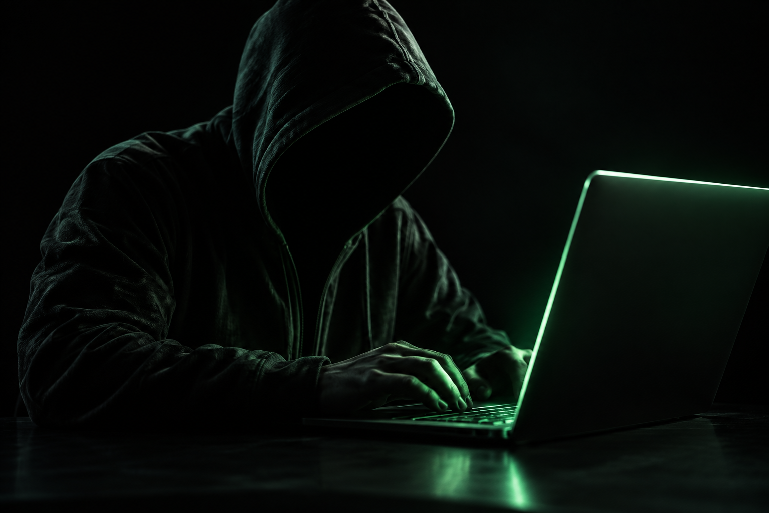 Conceptual image of an anonymous hooded hacker at a laptop, lit by green monitor light